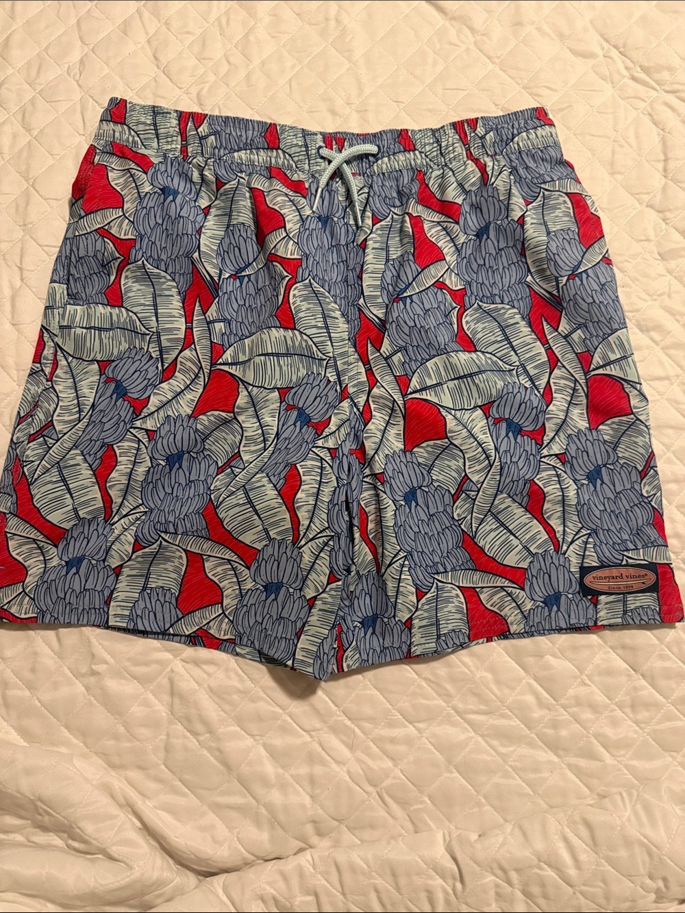 Vineyard Vines Red & Blue Tropical Leaf Swim Shorts
